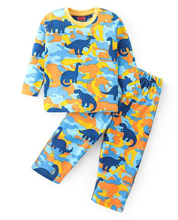 Babyhug Cotton Knit Full Sleeves Night Suit With Dinosaurs Print - Multicolor