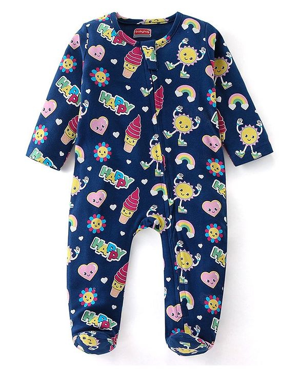 Babyhug Cotton Knit Full Sleeves Sleepsuit With Doodles Print - Navy