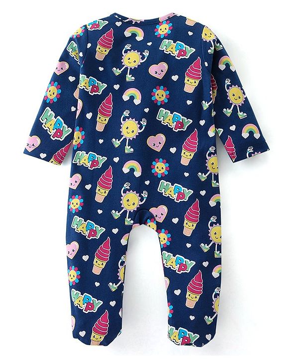 Babyhug Cotton Knit Full Sleeves Sleepsuit With Doodles Print - Navy