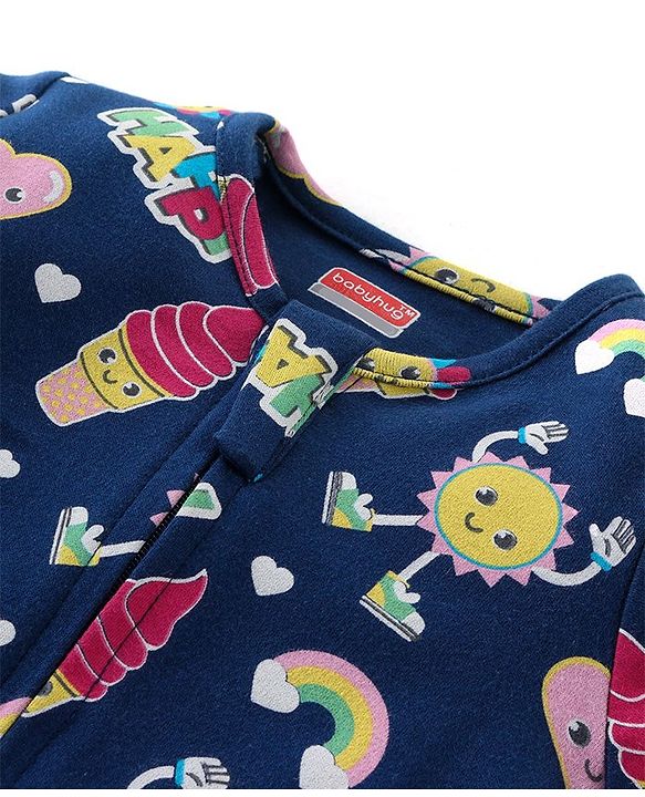 Babyhug Cotton Knit Full Sleeves Sleepsuit With Doodles Print - Navy