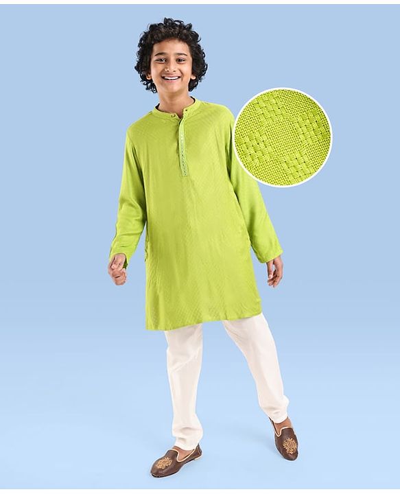 Pine Kids Woven Full Sleeves Textured Fabric Solid Colour Kurta & Pyjama Set with Mirror Work Detailing - Green