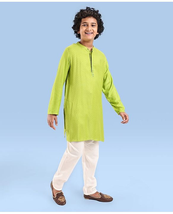 Pine Kids Woven Full Sleeves Textured Fabric Solid Colour Kurta & Pyjama Set with Mirror Work Detailing - Green