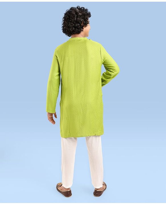 Pine Kids Woven Full Sleeves Textured Fabric Solid Colour Kurta & Pyjama Set with Mirror Work Detailing - Green