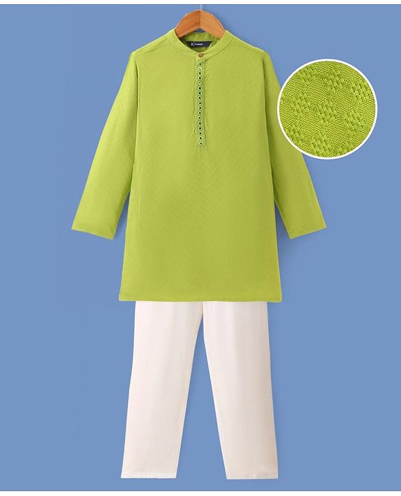 Pine Kids Woven Full Sleeves Textured Fabric Solid Colour Kurta & Pyjama Set with Mirror Work Detailing - Green