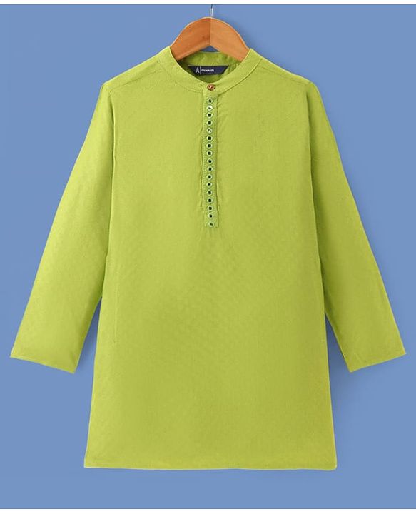 Pine Kids Woven Full Sleeves Textured Fabric Solid Colour Kurta & Pyjama Set with Mirror Work Detailing - Green