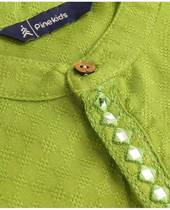 Pine Kids Woven Full Sleeves Textured Fabric Solid Colour Kurta & Pyjama Set with Mirror Work Detailing - Green