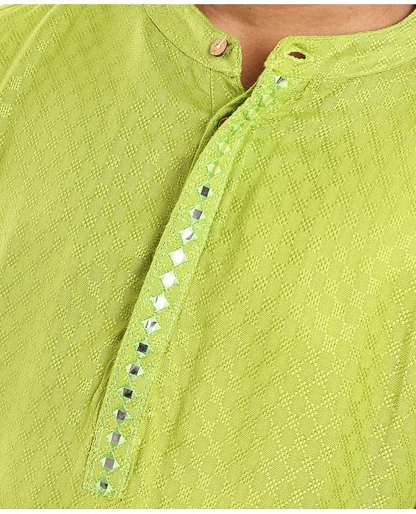Pine Kids Woven Full Sleeves Textured Fabric Solid Colour Kurta & Pyjama Set with Mirror Work Detailing - Green