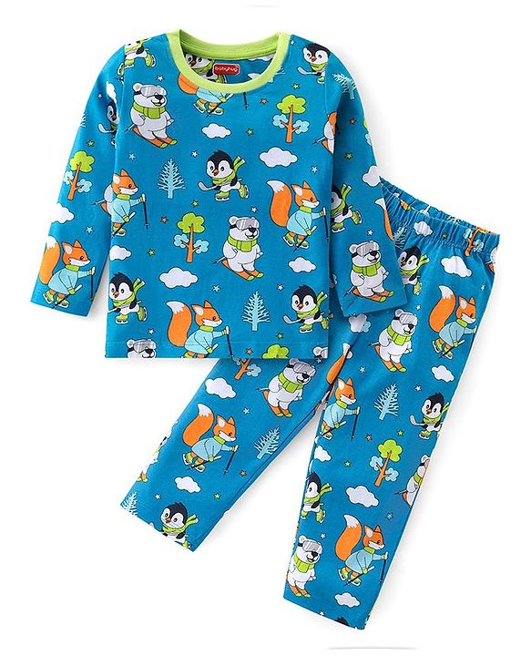 Babyhug Cotton Knit Full Sleeves Night Suit With Animals Print - Blue