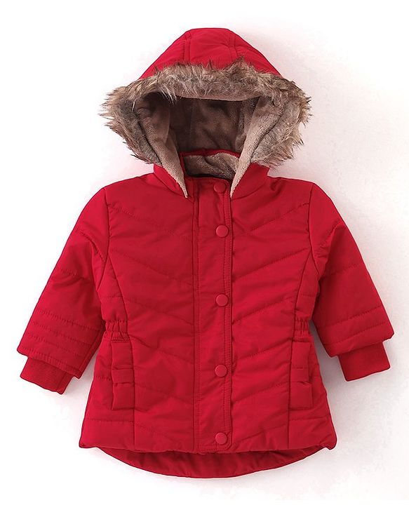 Babyhug Woven Full Sleeves Solid Colour Padded Hooded Winter Jacket with Pockets - Red