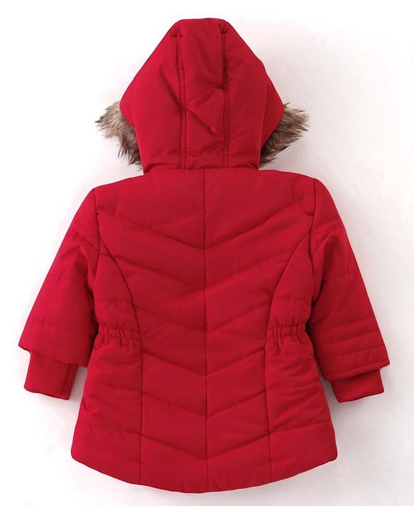 Babyhug Woven Full Sleeves Solid Colour Padded Hooded Winter Jacket with Pockets - Red