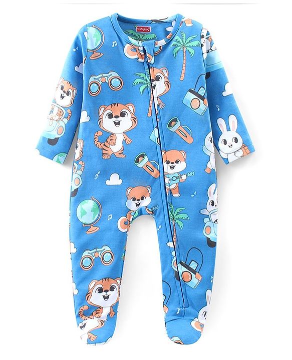 Babyhug Cotton Knit Full Sleeves Sleep Suit With Cute Animals Print - Blue