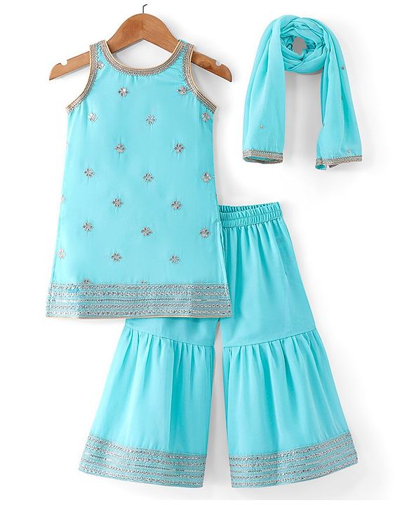Babyhug Georgett Woven Sleeveless Sequined Embroidered Kurta Gharara Set with Dupatta  & Lace Detailing - Light Blue