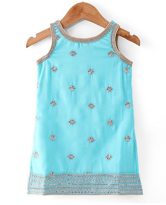 Babyhug Georgett Woven Sleeveless Sequined Embroidered Kurta Gharara Set with Dupatta  & Lace Detailing - Light Blue