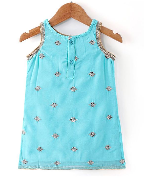 Babyhug Georgett Woven Sleeveless Sequined Embroidered Kurta Gharara Set with Dupatta  & Lace Detailing - Light Blue