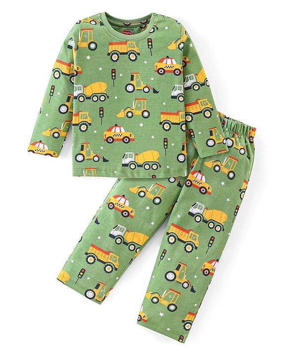 Babyhug Cotton Knit Full Sleeves Night Suit With Vehicles Print - Green