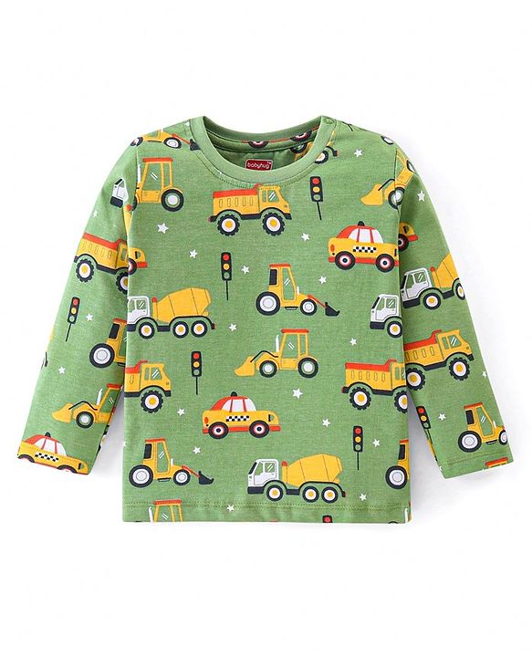 Babyhug Cotton Knit Full Sleeves Night Suit With Vehicles Print - Green