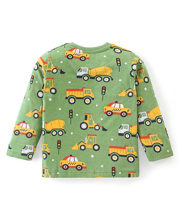 Babyhug Cotton Knit Full Sleeves Night Suit With Vehicles Print - Green