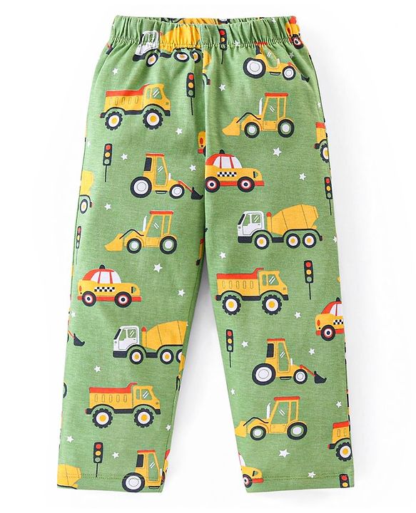 Babyhug Cotton Knit Full Sleeves Night Suit With Vehicles Print - Green