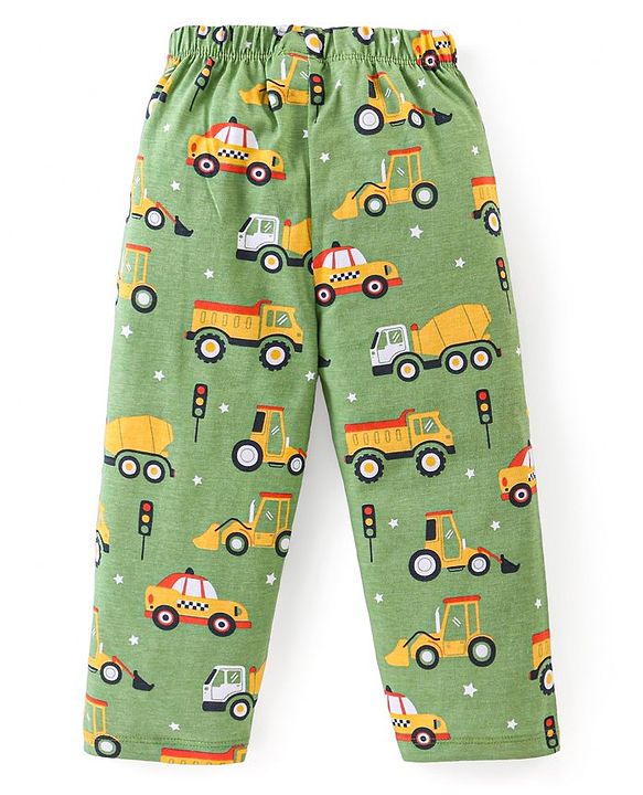 Babyhug Cotton Knit Full Sleeves Night Suit With Vehicles Print - Green