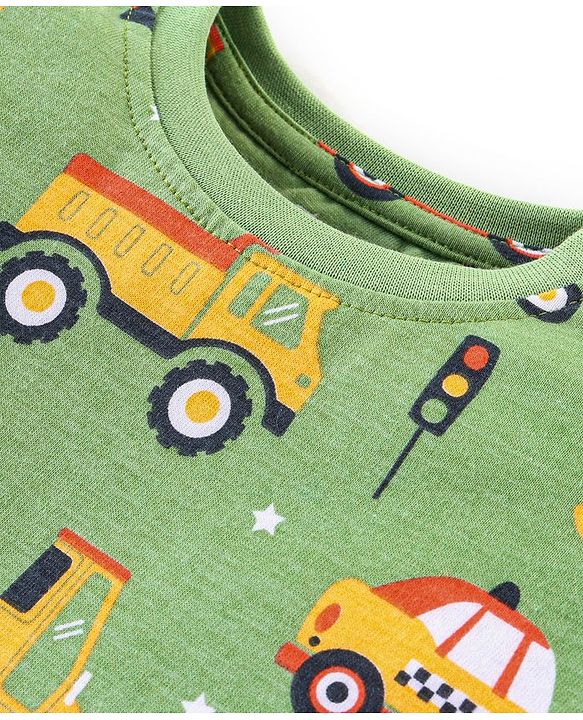 Babyhug Cotton Knit Full Sleeves Night Suit With Vehicles Print - Green
