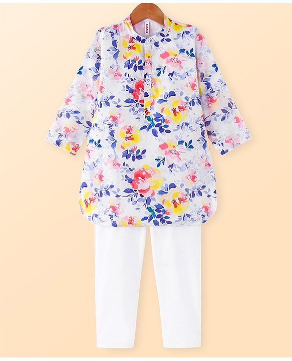 Babyhug Cotton Woven Full Sleeves Kurta Pyjama Set Floral Print - White