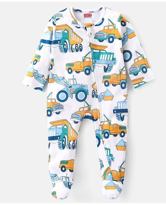 Babyhug Cotton Knit Full Sleeves Footed Sleepsuit with Vehicle Print- White