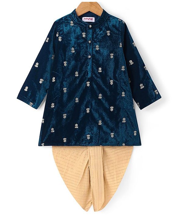 Babyhug Woven Full Sleeves Sequined Floral Embroidered Velvet  Kurta & Dhoti Set - Navy Blue