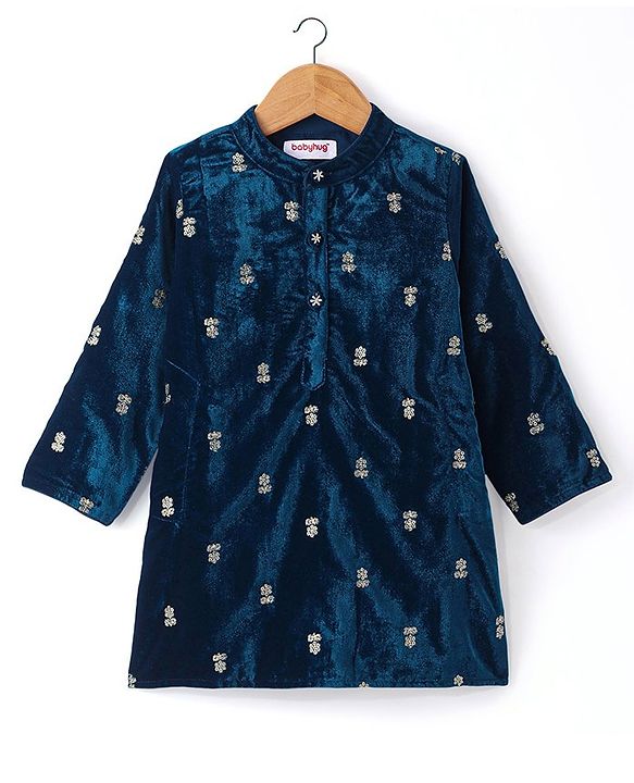 Babyhug Woven Full Sleeves Sequined Floral Embroidered Velvet  Kurta & Dhoti Set - Navy Blue