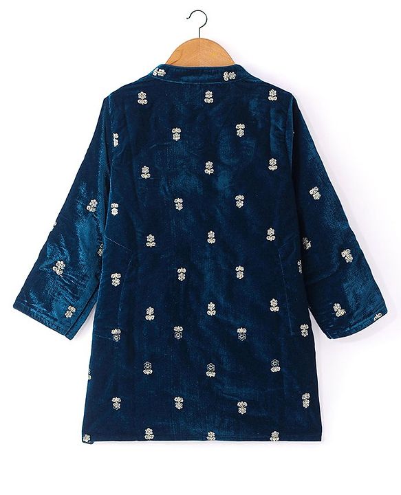 Babyhug Woven Full Sleeves Sequined Floral Embroidered Velvet  Kurta & Dhoti Set - Navy Blue