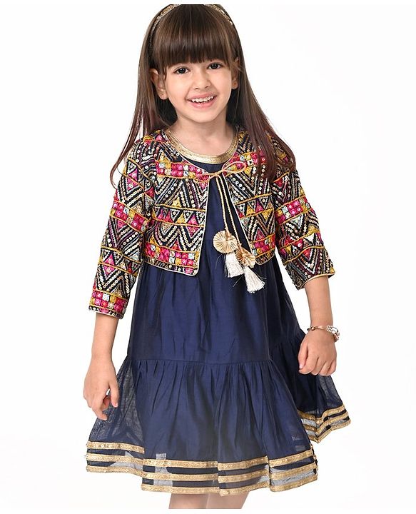 Babyhug Woven Solid Dress With Three Fourth Sleeves Embroidered Jacket & Tassle Detailing - Navy Blue