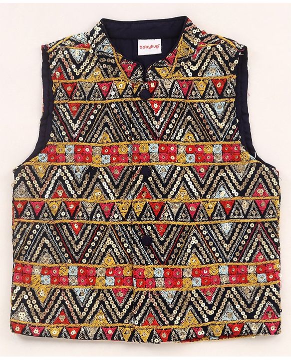 Babyhug  Woven Full Sleeves Kurta Pyjama Set & Nehru Jacket with Sequin Embroidery Detailing - Navy Blue & Red