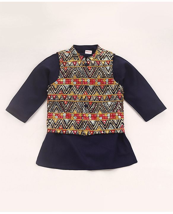 Babyhug  Woven Full Sleeves Kurta Pyjama Set & Nehru Jacket with Sequin Embroidery Detailing - Navy Blue & Red