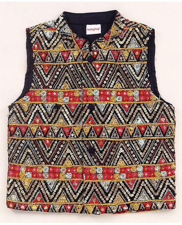 Babyhug  Woven Full Sleeves Kurta Pyjama Set & Nehru Jacket with Sequin Embroidery Detailing - Navy Blue & Red
