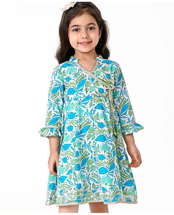 Babyhug Cotton Woven Cambric Three Fourth Sleeves Overlap Ethnic Dress with Floral Print & Tassle Detailing -  Blue