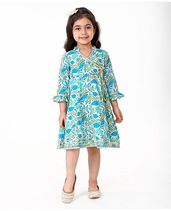 Babyhug Cotton Woven Cambric Three Fourth Sleeves Overlap Ethnic Dress with Floral Print & Tassle Detailing -  Blue