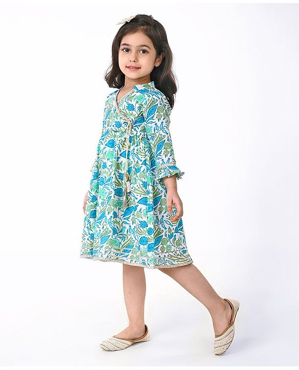 Babyhug Cotton Woven Cambric Three Fourth Sleeves Overlap Ethnic Dress with Floral Print & Tassle Detailing -  Blue