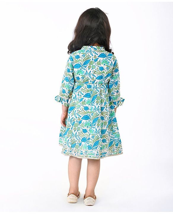Babyhug Cotton Woven Cambric Three Fourth Sleeves Overlap Ethnic Dress with Floral Print & Tassle Detailing -  Blue