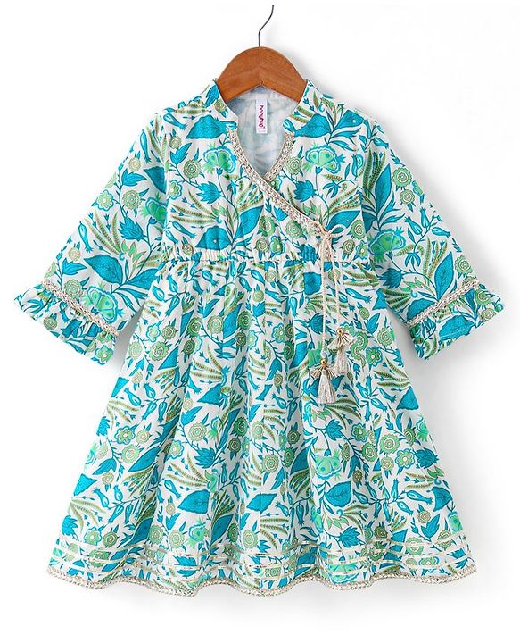 Babyhug Cotton Woven Cambric Three Fourth Sleeves Overlap Ethnic Dress with Floral Print & Tassle Detailing -  Blue