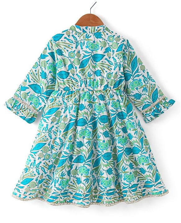 Babyhug Cotton Woven Cambric Three Fourth Sleeves Overlap Ethnic Dress with Floral Print & Tassle Detailing -  Blue