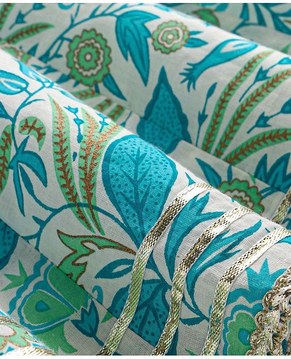 Babyhug Cotton Woven Cambric Three Fourth Sleeves Overlap Ethnic Dress with Floral Print & Tassle Detailing -  Blue
