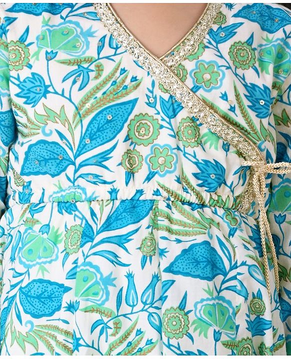 Babyhug Cotton Woven Cambric Three Fourth Sleeves Overlap Ethnic Dress with Floral Print & Tassle Detailing -  Blue