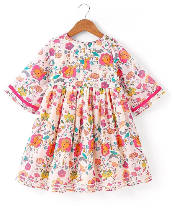 Babyhug Cotton Woven Three Fourth Sleeves Floral Printed Kurta & Palazzo Set with Dupatta - Off White