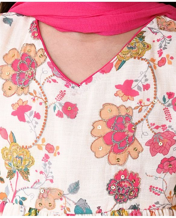Babyhug Cotton Woven Three Fourth Sleeves Floral Printed Kurta & Palazzo Set with Dupatta - Off White