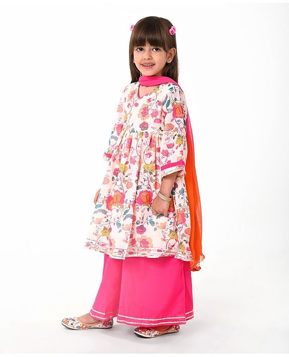 Babyhug Cotton Woven Three Fourth Sleeves Floral Printed Kurta & Palazzo Set with Dupatta - Off White