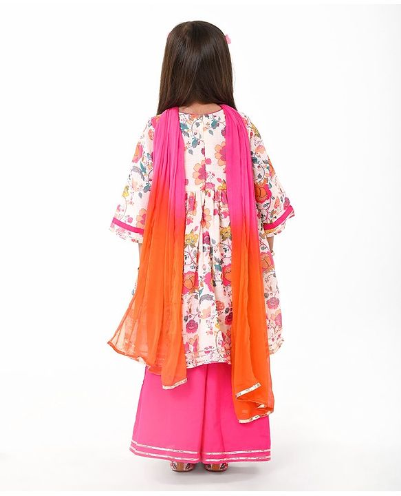 Babyhug Cotton Woven Three Fourth Sleeves Floral Printed Kurta & Palazzo Set with Dupatta - Off White