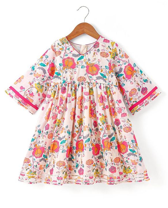 Babyhug Cotton Woven Three Fourth Sleeves Floral Printed Kurta & Palazzo Set with Dupatta - Off White