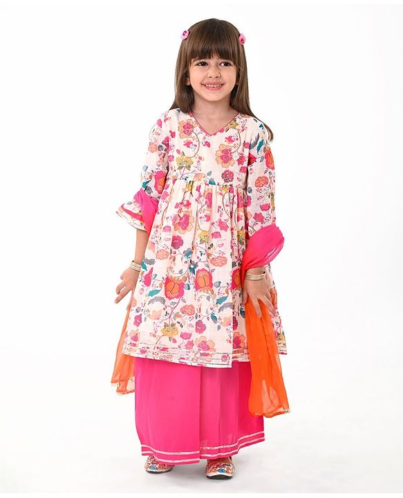 Babyhug Cotton Woven Three Fourth Sleeves Floral Printed Kurta & Palazzo Set with Dupatta - Off White