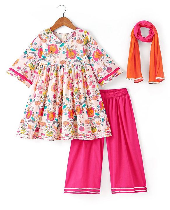 Babyhug Cotton Woven Three Fourth Sleeves Floral Printed Kurta & Palazzo Set with Dupatta - Off White