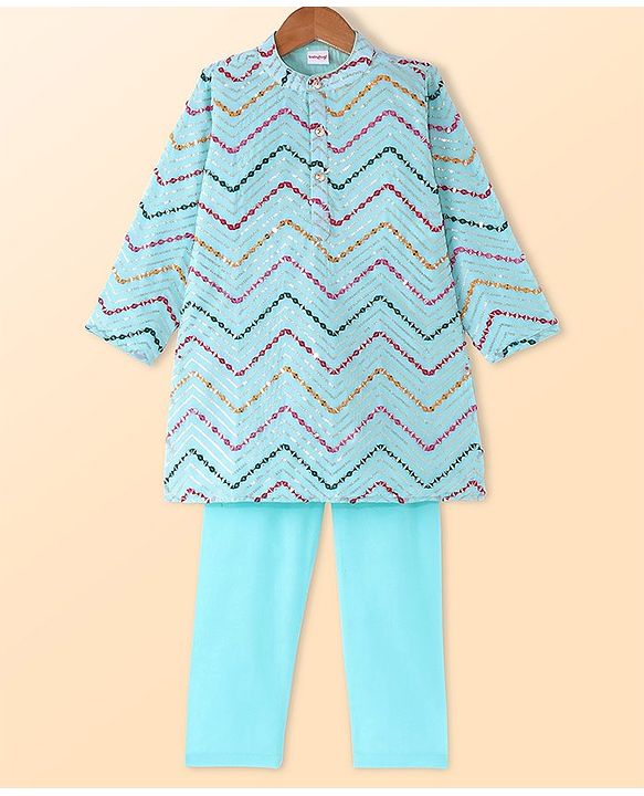 Babyhug Woven Full Sleeves Mirror Embroidered Kurta Pyjama Set with Sequins - Aqua