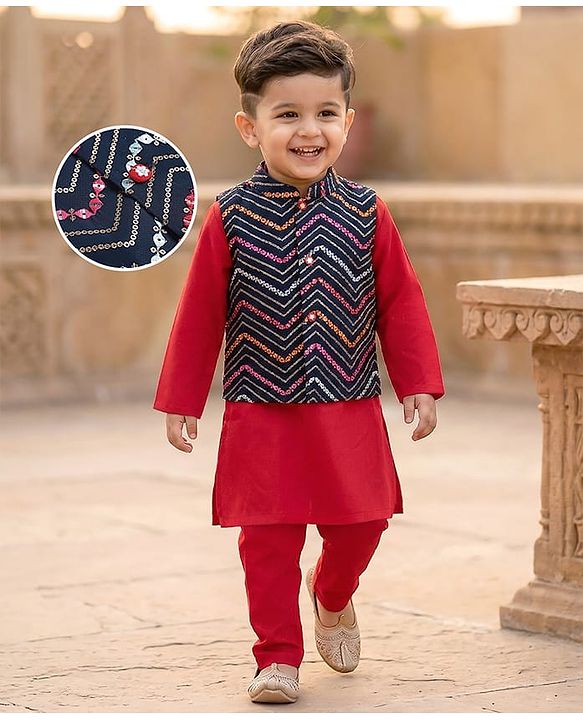 Babyhug Woven Full Sleeves Solid Colour Kurta Pyajama Set with Mirror & Sequined Embroidered Nehru Jacket - Red